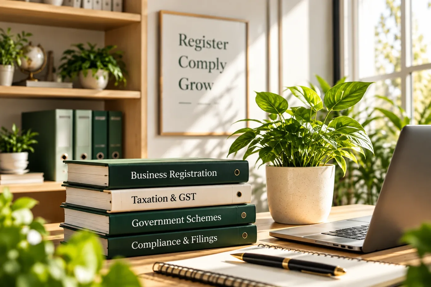 A desk with books on business registration, GST, government schemes and compliance beside a plant and laptop